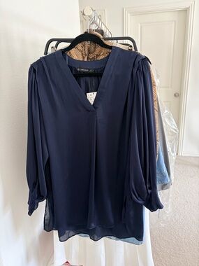 Zara Navy V-Neck Long Sleeve Blouse Small